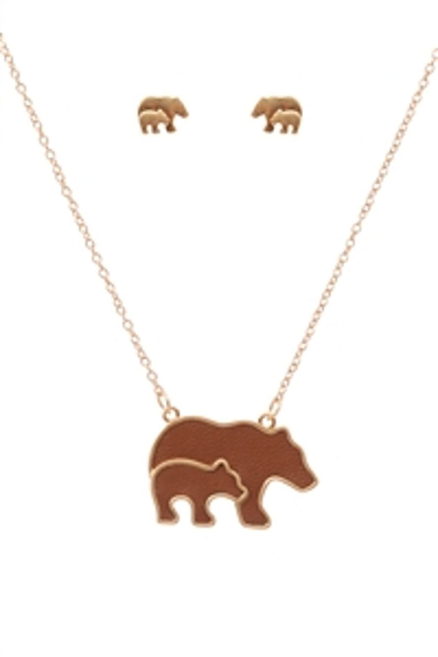 Mama Bear Necklace Earring Set Leather